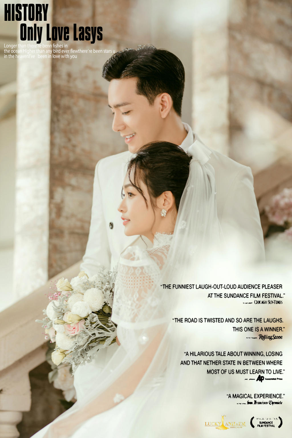 Phim trường Paris bối cảnh Hàn Quốc - Váy cưới trắng cổ ren tay ngắn